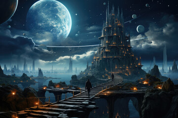 Obraz premium An interdimensional traveler encountering strange and surreal landscapes in a parallel universe. Concept of interdimensional exploration. Generative Ai.