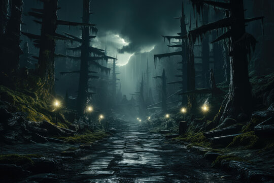 An eerie and mysterious forest in a parallel universe, where the laws of nature differ from our own. Concept of otherworldly landscapes. Generative Ai.