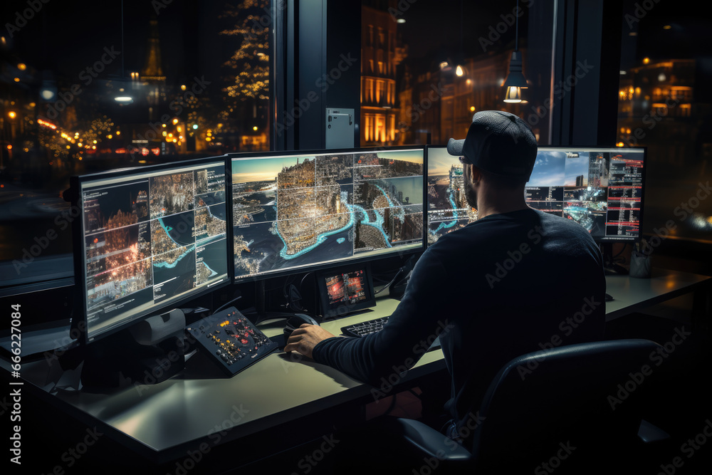 Poster a cybersecurity expert monitoring network traffic for potential threats, emphasizing the importance 