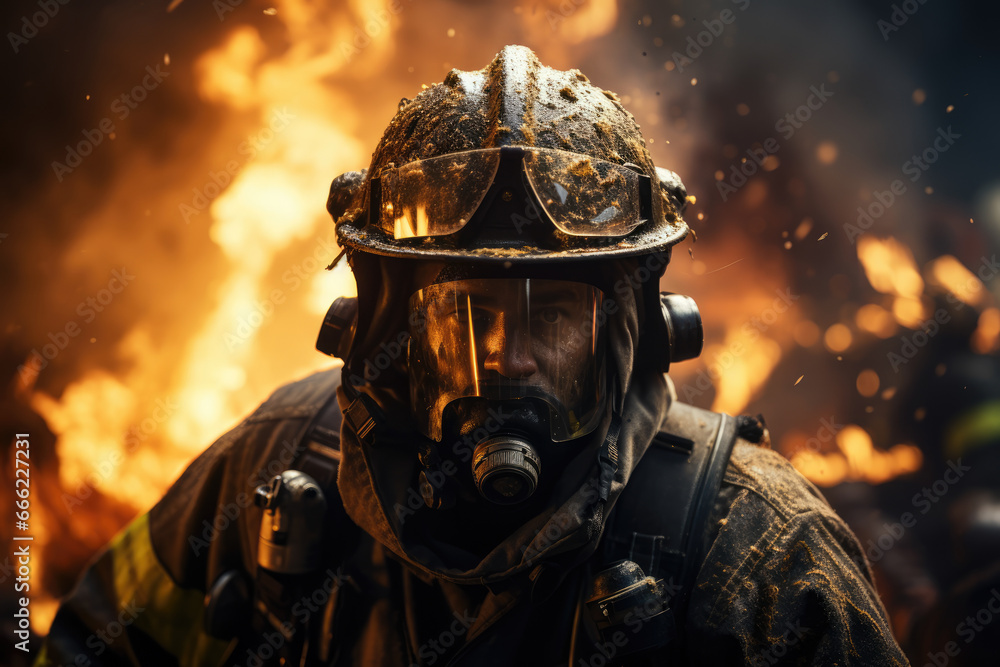 Poster a fireman in action, demonstrating the courage and preparedness required to manage risks in emergenc