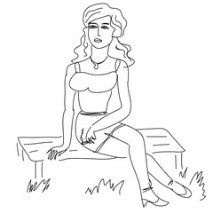 Vector sketch of a woman sitting on a bench drawn by hand in pencil on a white background