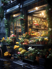 Flower shop after rain, vibrant cityscape background