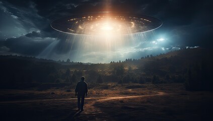 man standing in front of an alien spaceship flying in the night sky  - obrazy, fototapety, plakaty