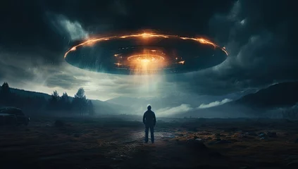 Photo sur Plexiglas UFO man standing in front of an alien spaceship flying in the night sky 