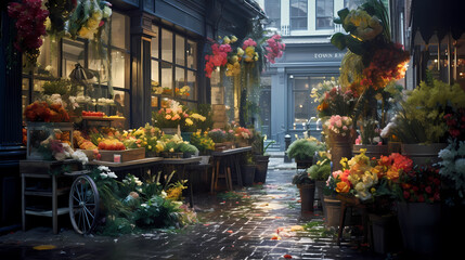 Fototapeta na wymiar Flower shop after rain, vibrant cityscape background