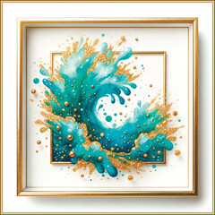 Luxury Turquoise watercolor splashes waves with gold glitter and square gold frame. Decorative beautiful modern vector background illustration. Abstract creative trendy watercolor design. Marine life