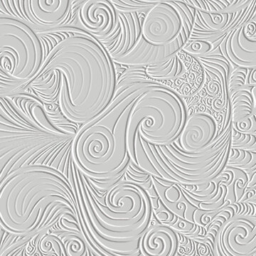 3d Textured surface emboss sguiggle lines pattern. White vector relief doodle lines, squiggles, spiral background. Embossed squiggly spiral lines doodle ornament. Grunge texture with embossing effect