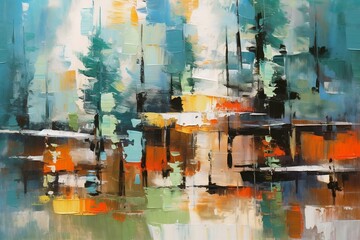 Brush strokes, many layers of paint, abstract nature, mountains, wilderness, bold brush colors. Expressive oil painting, abstract, acrylic art, artistic texture. Poster for interior.