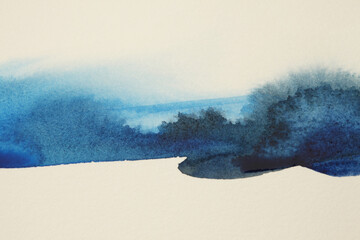 Hand drawn Blue Ink watercolor smoke flow stain blot landscape on wet beige paper texture background.