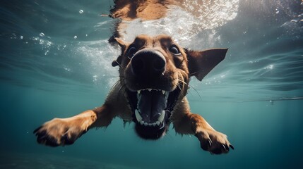front view, close up of a brown dog is diving and playing in the water happily. 