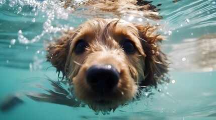 A cute brown, long-haired puppy jumped into the water to play. front view, Close-up of the head of a dog in the water.