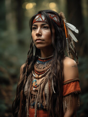 Portrait of a beautiful native American woman wearing feathers in the forest illustrated using generative Ai 
