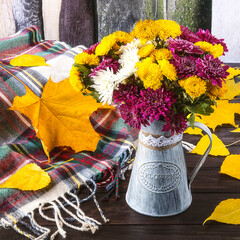 Autumn still life with colorful bouquet of chrysanthemum flowers in vintage vase, yellow autumn leaves, woolen scarf, side view