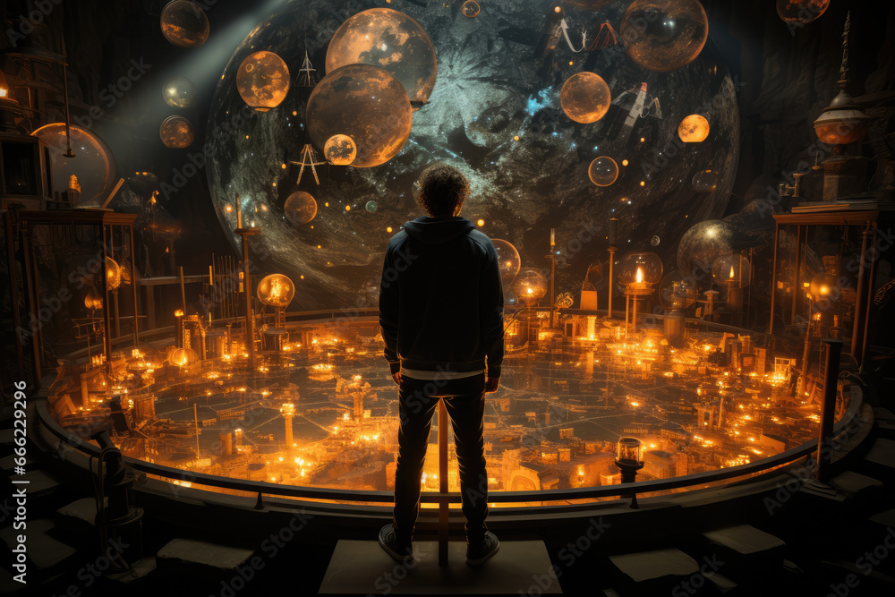Poster a scientist pondering the mysteries of parallel universes, surrounded by equations and diagrams. con