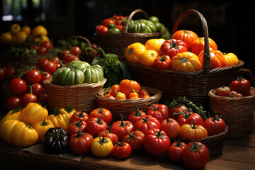 A farmer's market stall offering heirloom tomatoes in different shapes and colors, celebrating unique tomato varieties. Concept of tomato diversity. Generative Ai.
