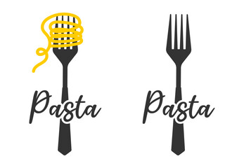 Pasta roll on the fork. Italian pasta with fork silhouette. Black fork with spaghetti on the yellow background. Hand holding a fork with spaghetti.