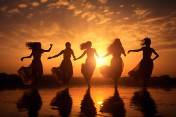 silhouettes of several women dancing a ritual traditional spiritual dance for fun into the sunset,...