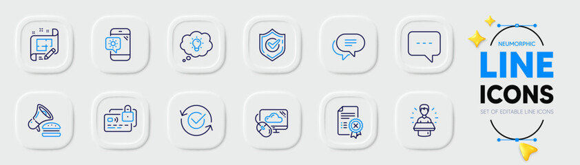 Weather phone, Approved and Text message line icons for web app. Pack of Burger, Confirmed, Energy pictogram icons. Reject certificate, Brand ambassador, Card signs. Cloud computing. Vector