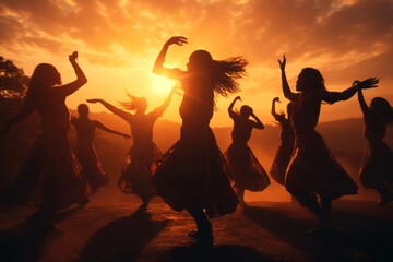 silhouettes of several women dancing a ritual traditional spiritual dance for fun into the sunset, orange sunlight - obrazy, fototapety, plakaty
