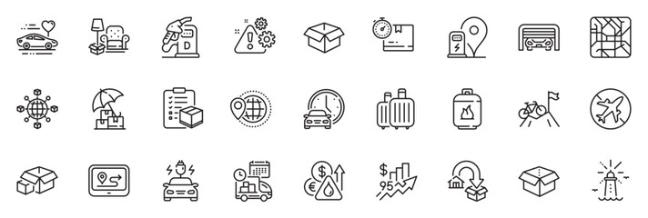 Fototapeta na wymiar Icons pack as World travel, Fuel price and Mountain bike line icons for app include Open box, Charging station, Opened box outline thin icon web set. Metro map, Gas cylinder. Vector