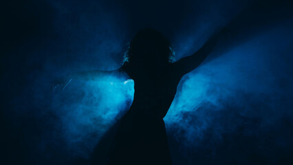 Female dancer. Professional choreography. Emotional graceful woman artist silhouette moving in haze...