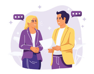 Coworkers talking and sharing ideas. Man and woman have dialogue. Business dialog. Young couple talking together. Flat Vector Illustration