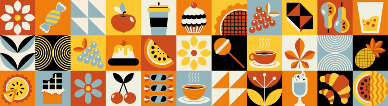 Fototapeta Bauhaus floral pattern. Mosaic style. Simple geometric shapes. Textile background with autumn fruits, flowers and cakes