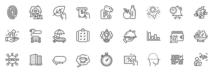 Icons pack as Car charge, Sunbed and Teamwork chart line icons for app include Buildings, Timer, Dao outline thin icon web set. Fireworks, Home moving, Fingerprint pictogram. Voice wave. Vector - obrazy, fototapety, plakaty