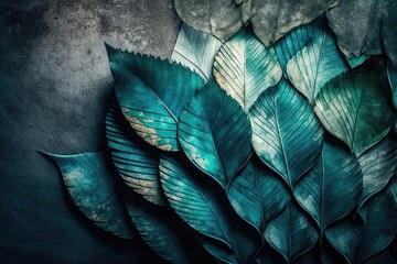 Tropical leaves on grunge textured background with copy space