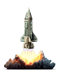 Launch of a Money rocket isolated on clear PNG background, made of folded dollar banknotes. Successful business start concept.
