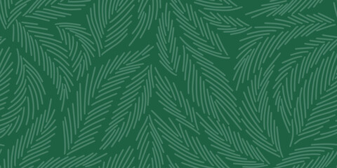 Pattern with spruce needles. Winter linear botanical pattern. Line illustration with Christmas tree branches and leaves on dark green background. Pine needles texture - obrazy, fototapety, plakaty