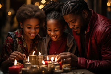 Obraz na płótnie Canvas A family lighting a candlelit advent wreath as part of their St. Lucia's Day traditions, marking the start of the Christmas season. Generative Ai.