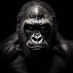 portrait of a gorilla in black and white with black background