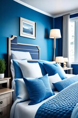 Blue pillows on blue bed. Canada country side view of interior design of casual bedroom.