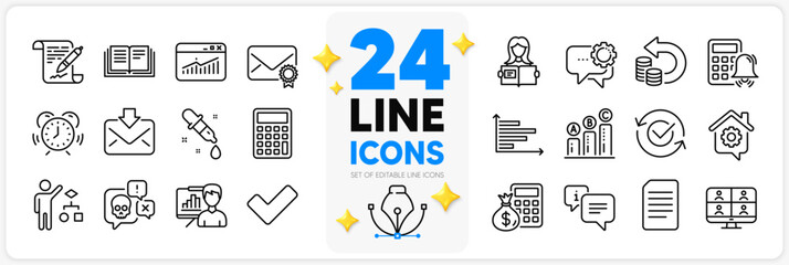 Icons set of Calculator alarm, Video conference and Time management line icons pack for app with Education, Finance calculator, Cyber attack thin outline icon. Algorithm. Design with 3d stars. Vector