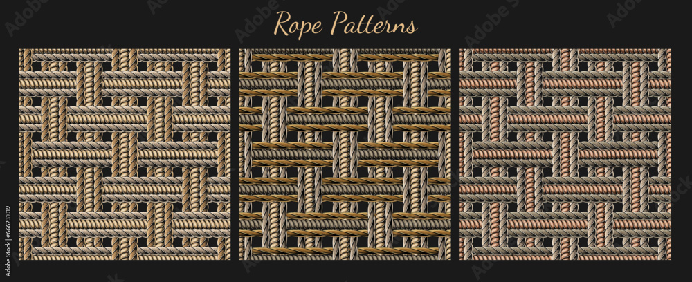 Poster set of seamless patterns with loose interwoven ropes. mat, rug with traditional twill weave with thr