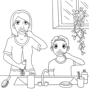 Madre he hijo limpi&aacute;ndose los dientes mirando a c&aacute;mara.
En blanco y negro para colorear