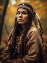 Portrait of a beautiful native American woman wearing feathers in the forest illustrated using generative Ai