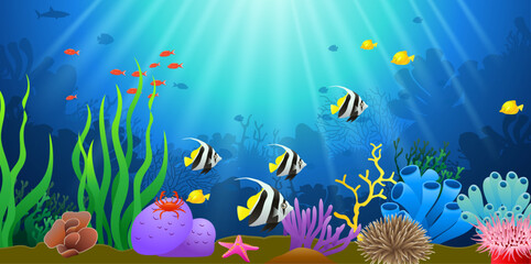 Corals with underwater view background. Vector illustration
