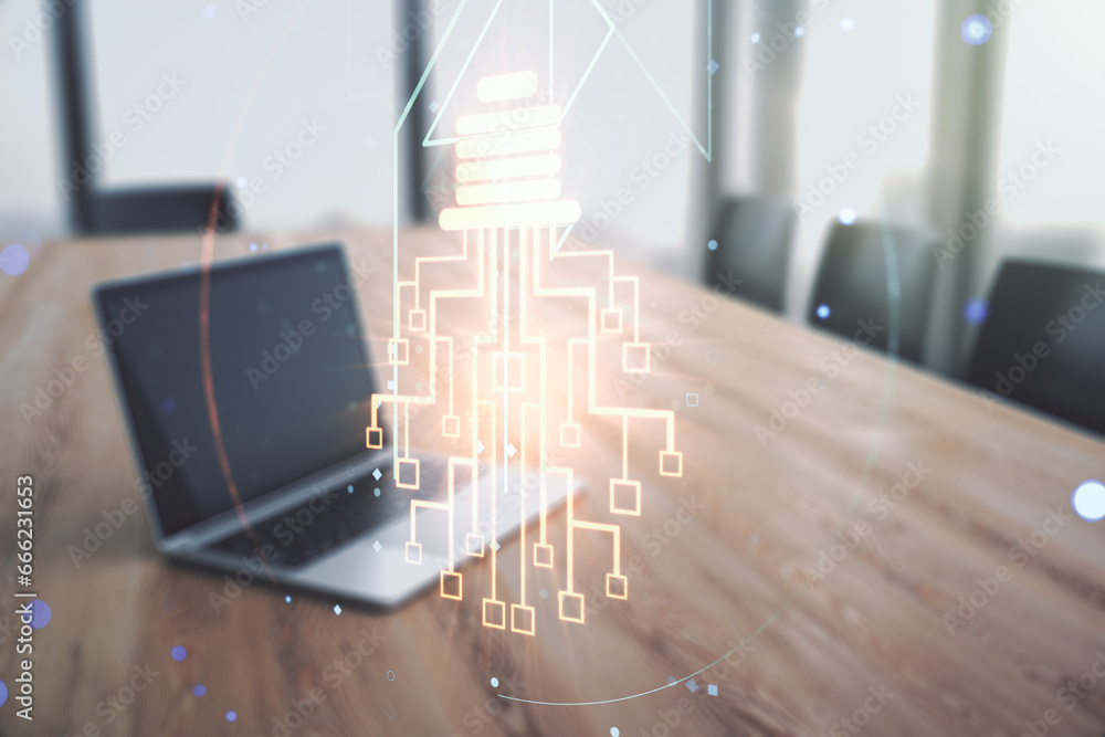 Aufkleber Creative idea concept with light bulb and microcircuit illustration on modern laptop background. Neural networks and machine learning concept. Multiexposure