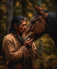 Native American man with his horse in the forest illustrated using generative Ai
