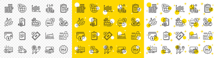 Outline Rise price, Cash back and Loan house line icons pack for web with Deflation, Flight sale, Rejected payment line icon. Candlestick chart, Clipboard, Discounts bubble pictogram icon. Vector