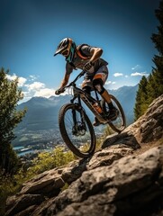 Fototapeta na wymiar bike ride photo helm Mountains tourism searching speed extreme cycling freedom motion outdoors
