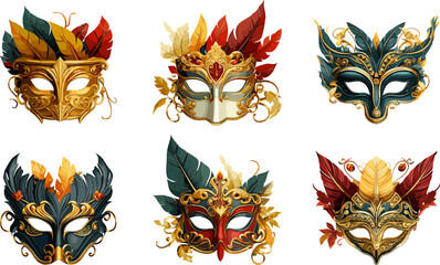 Masquerade party masks. Festival feathered mask set isolated, carnival festive costume guise designs with feathers on white - obrazy, fototapety, plakaty