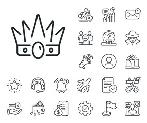 King or queen corona sign. Salaryman, gender equality and alert bell outline icons. Crown line icon. Royal monarchy symbol. Crown line sign. Spy or profile placeholder icon. Vector