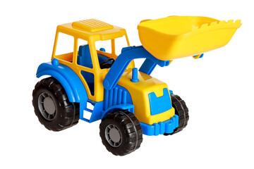 Tractor with lifting bucket children's toy plastic, isolated on white background