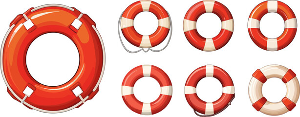 Cartoon lifebuoy set. Red and white lifebuoys icons isolated on white. Nautical safety, safe live on sea or ocean. Vector ship safing objects - obrazy, fototapety, plakaty