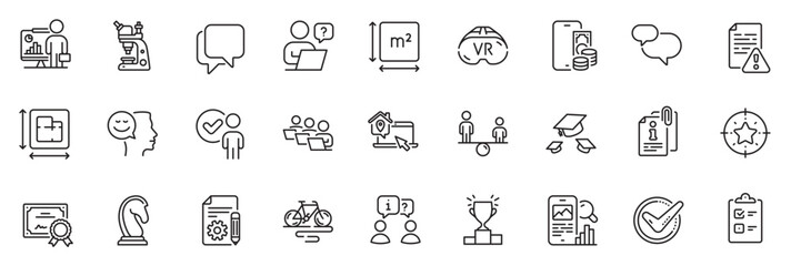 Icons pack as Checklist, Certificate and Teacher line icons for app include Online question, Interview, Vr outline thin icon web set. Attached info, Talk bubble, Confirmed pictogram. Vector