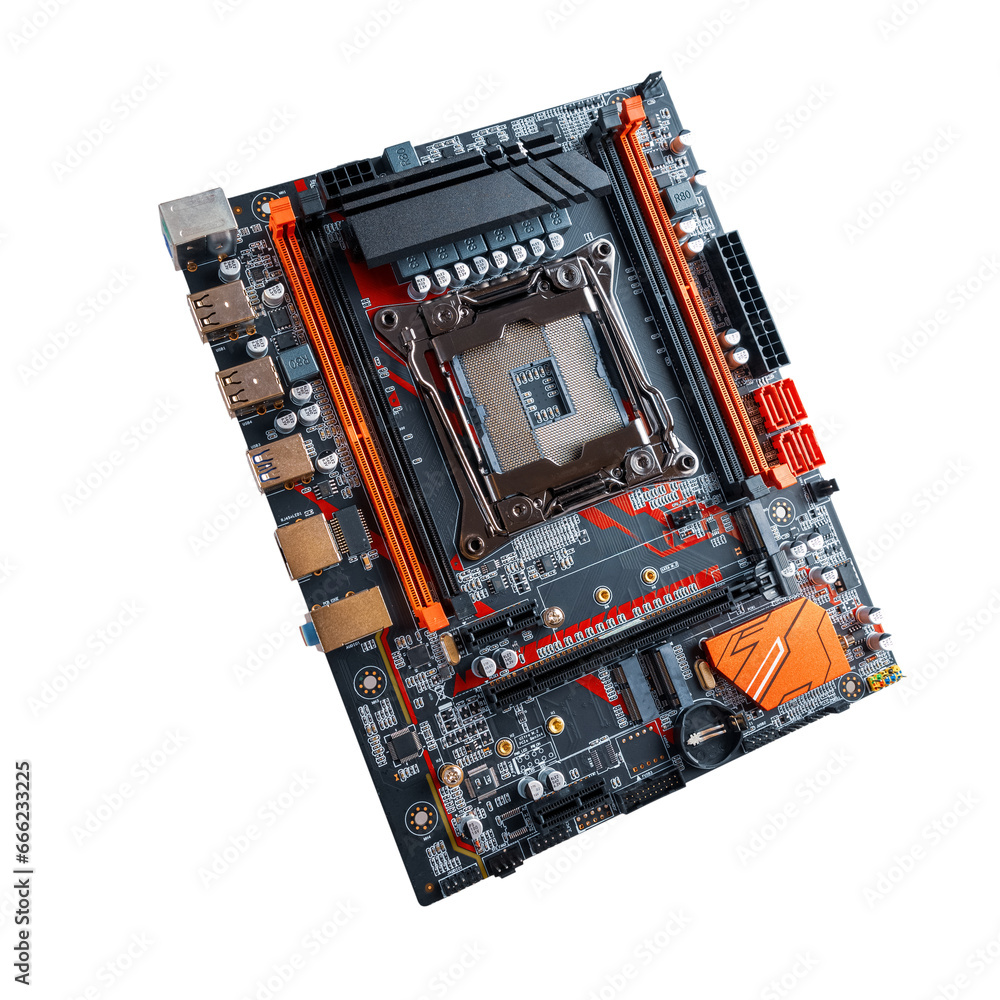 Poster motherboard for assembling a personal computer high-performance systems self-assembly, isolated on w