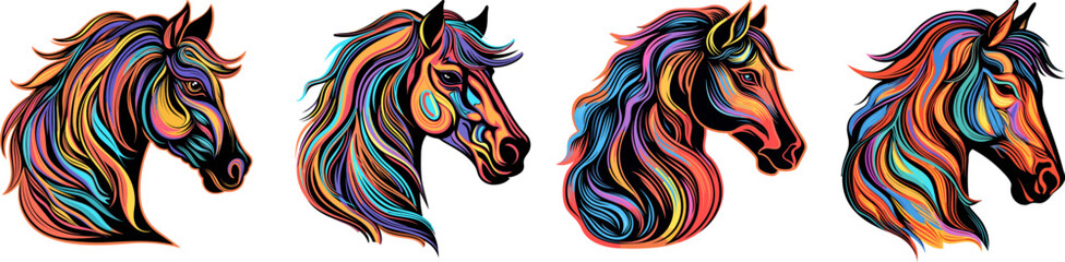 Horses heads neon elements. Abstract horse portraits, isolated farm animal mascots design. Strong independent mustangs, vector icons